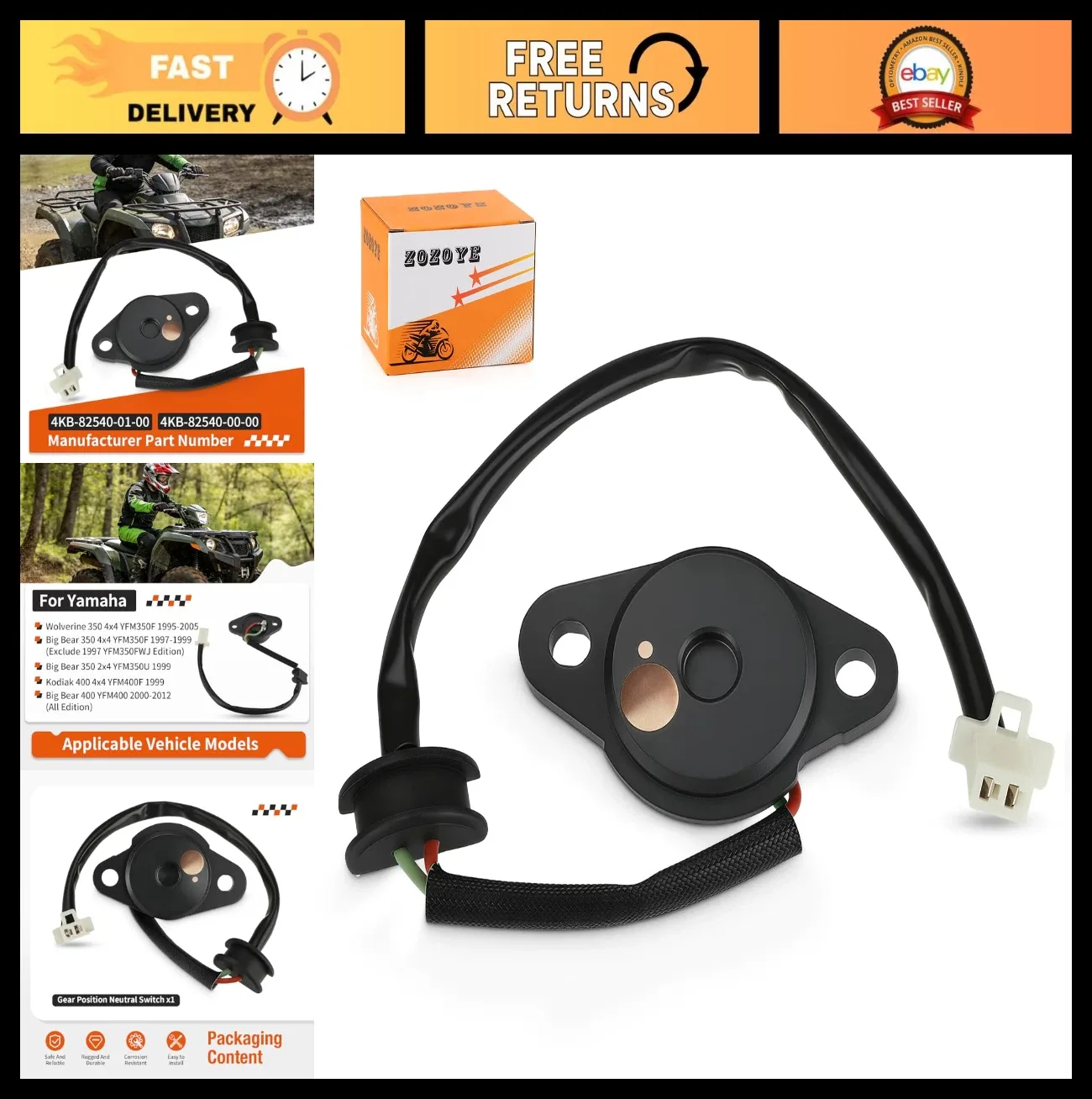 Neutral Gear Position Switch for Yamaha Wolverine/Big Bear/Kodiak 350-400 MPN 4KB-82540-01-00