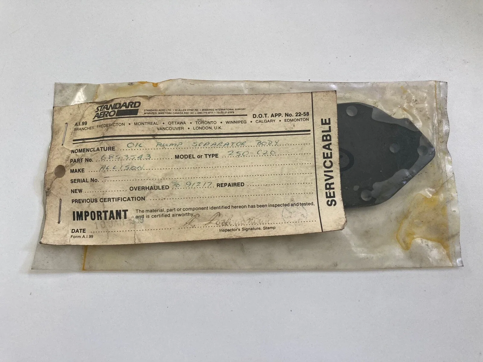 Rolls-Royce 250-C20 Oil Pump Separator Body P/N 6853543 (Allison Remanufactured)