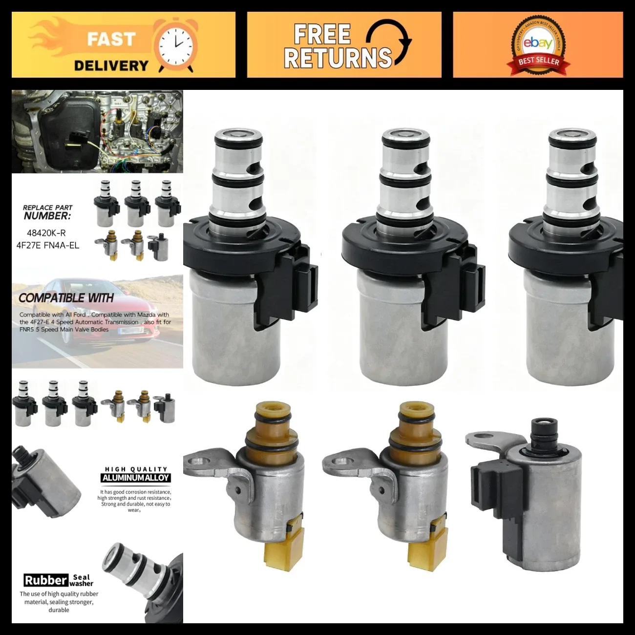 6Pcs Transmission Shift Solenoid Kit EPC PWM Replacement for Ford Mazda 48420K-R
