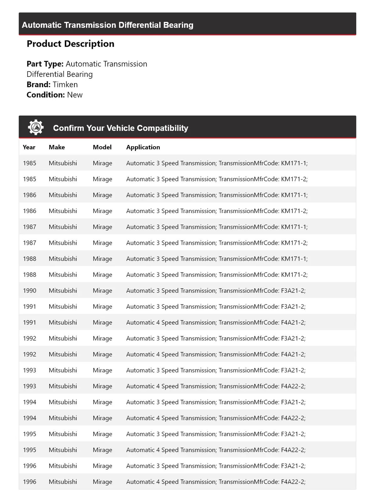 1985-1988, 1990-1996 Mitsubishi Mirage Automatic Transmission Differential Bearing Timken 583ND42 image 2