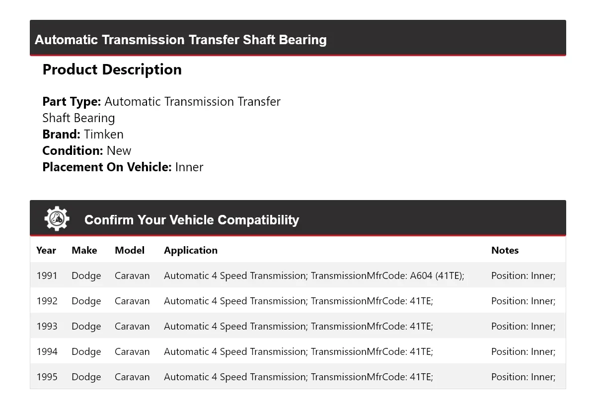 1991-1995 Dodge Caravan Automatic Transmission Transfer Shaft Bearing Timken 473JC98 image 2