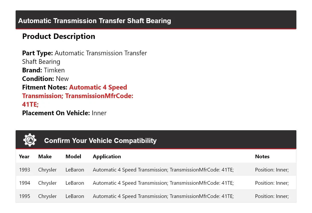 1993-1995 Chrysler LeBaron Automatic Transmission Transfer Shaft Bearing Inner - Timken 946MX26 image 2
