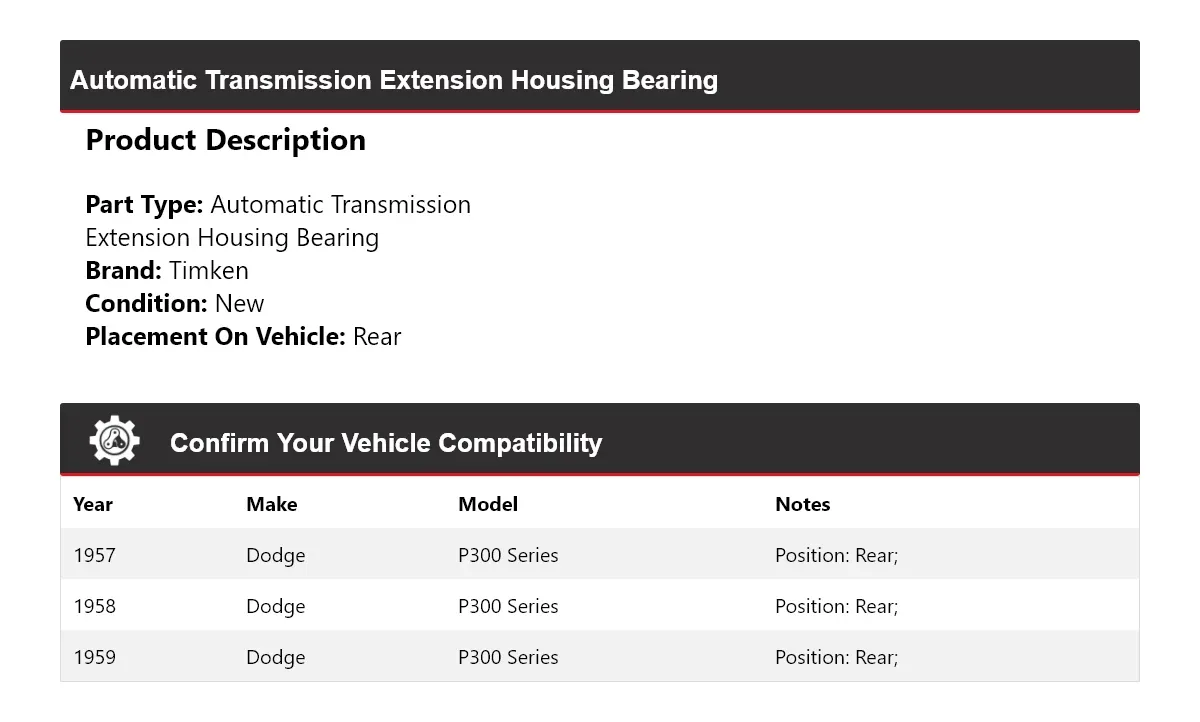 1957-1959 Dodge P300 Series Automatic Transmission Extension Housing Bearing - Timken 914WF44 image 2