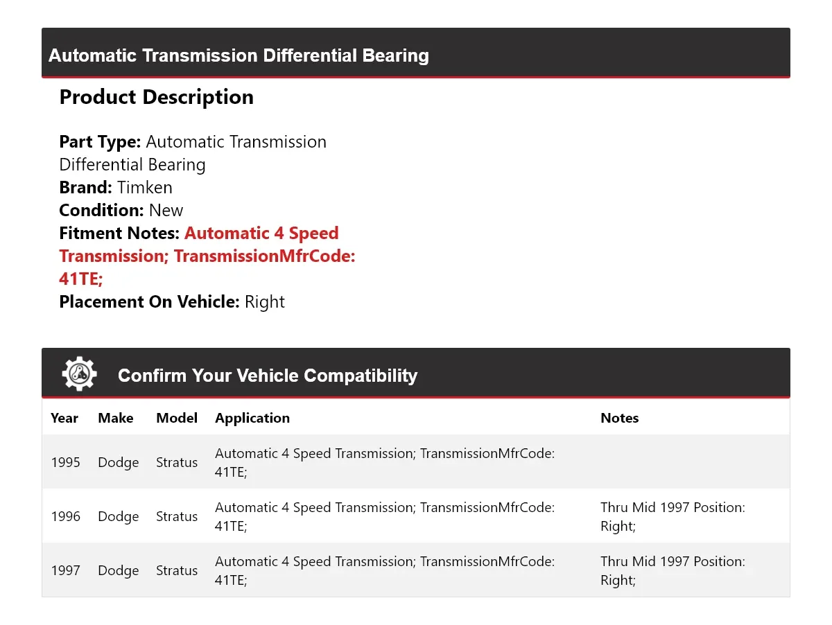 1995-1997 Dodge Stratus Automatic Transmission Differential Bearing Timken 960VZ88 image 2