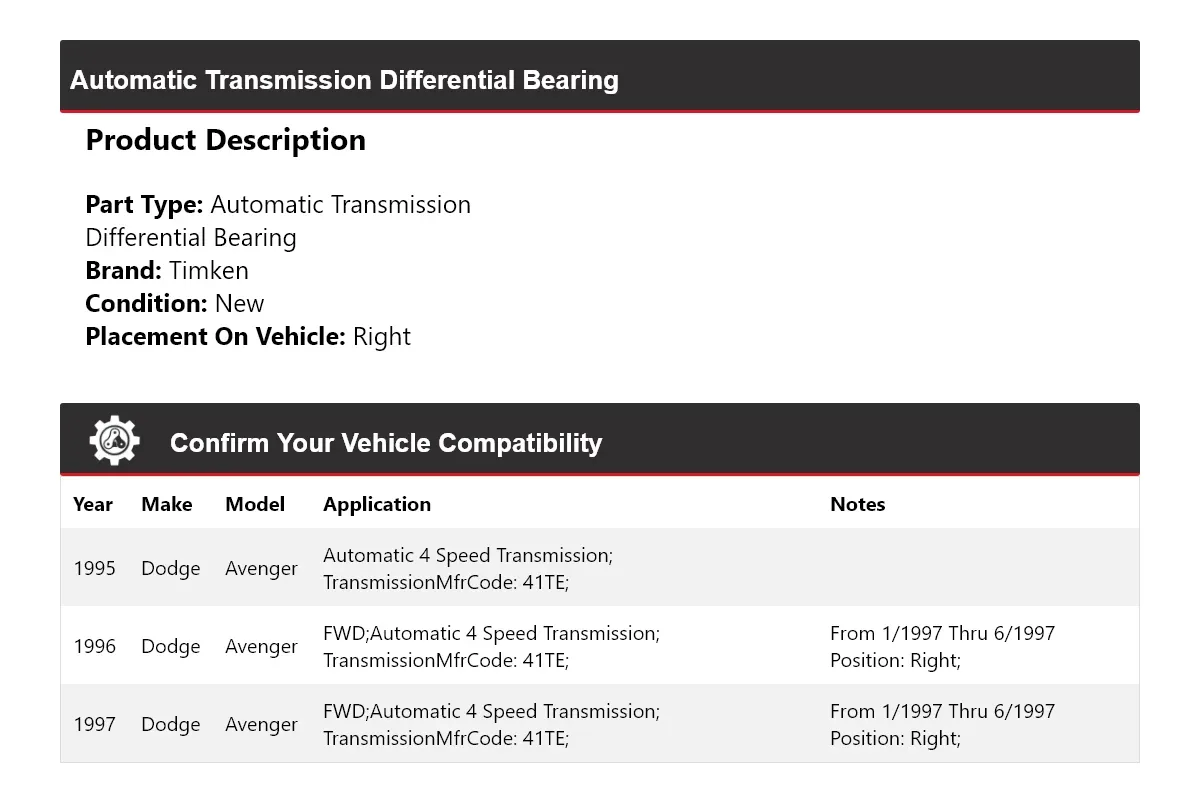 1995-1997 Dodge Avenger Automatic Transmission Differential Bearing Timken 711ZG93 image 2