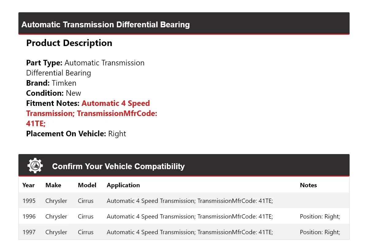 1995-1997 Chrysler Cirrus Automatic Transmission Differential Bearing Timken 373EC21 image 2