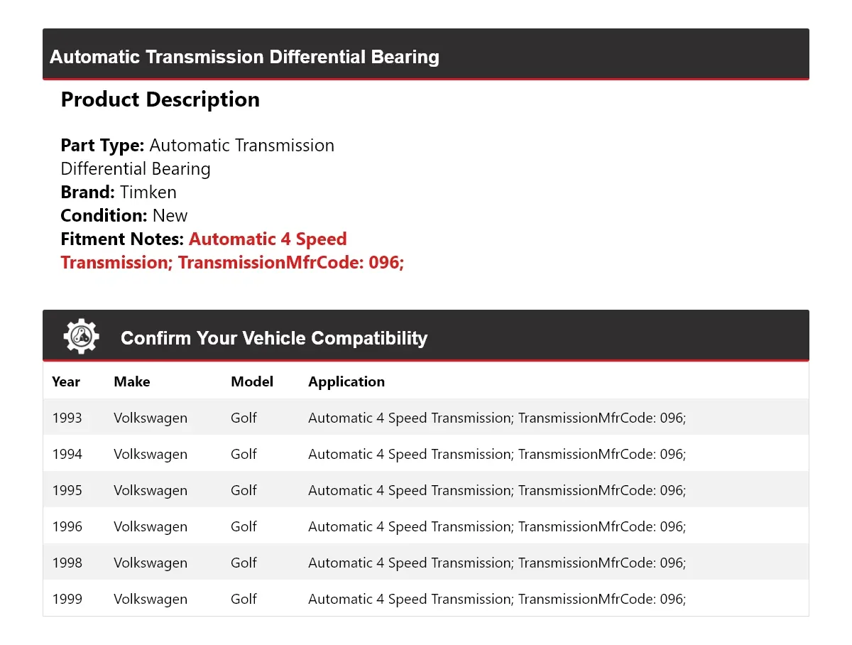 1993-1996, 1998-1999 Volkswagen Golf Automatic Transmission Differential Bearing Timken 505HW70 image 2