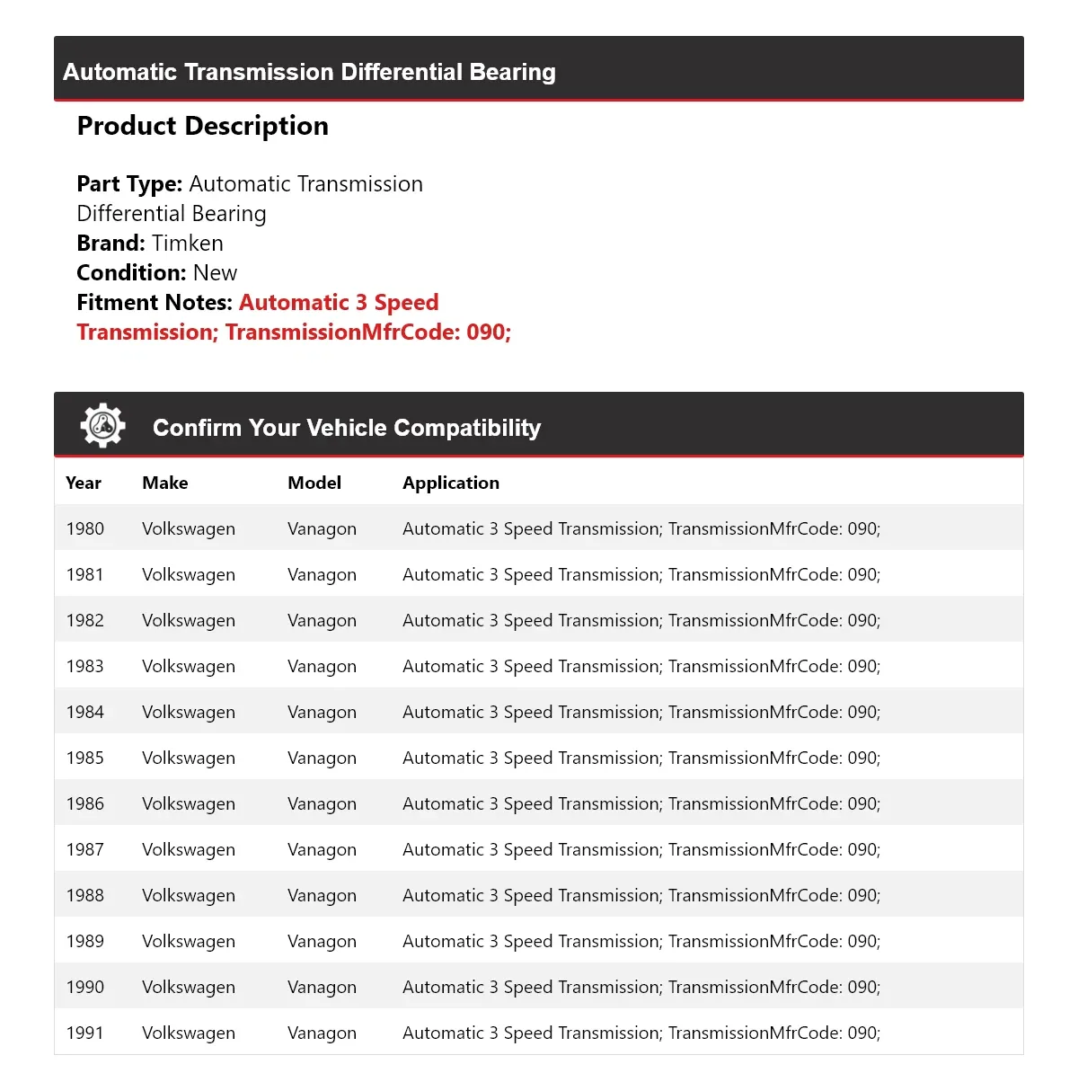 1980-1991 Volkswagen Vanagon Automatic Transmission Differential Bearing Timken 636JB57 image 2