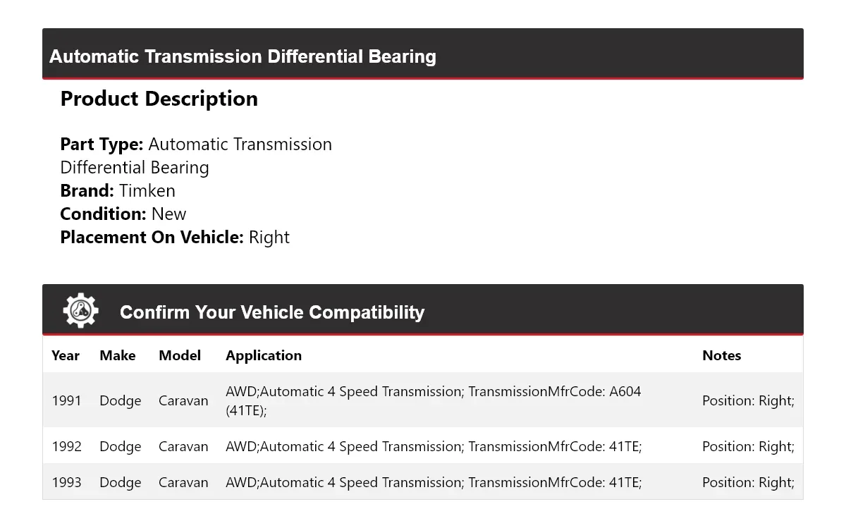 1991-1993 Dodge Caravan Automatic Transmission Differential Bearing Timken 800HI05 image 2