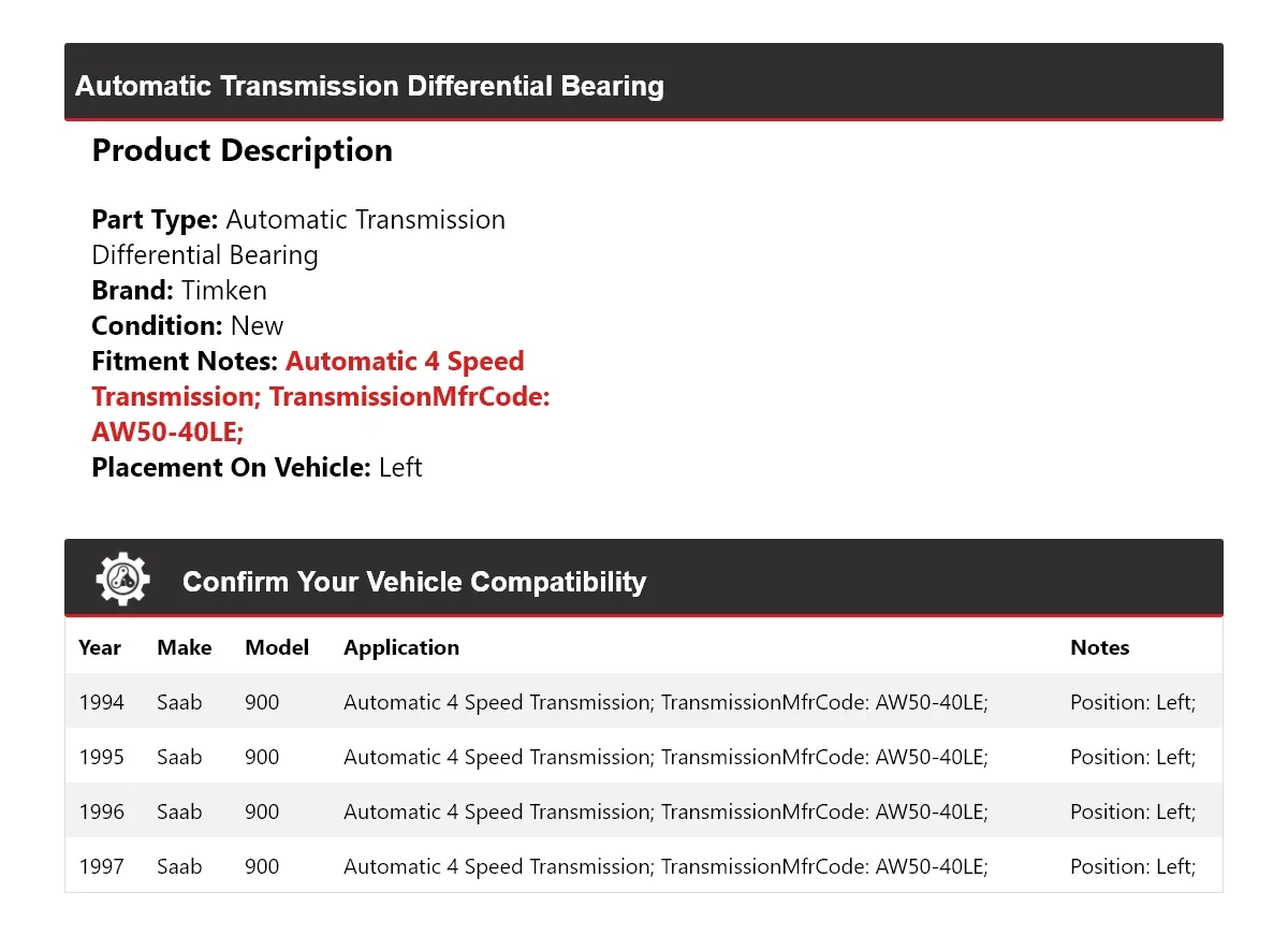 1994-1997 Saab 900 Automatic Transmission Differential Bearing Left - Timken 385GK60 image 2