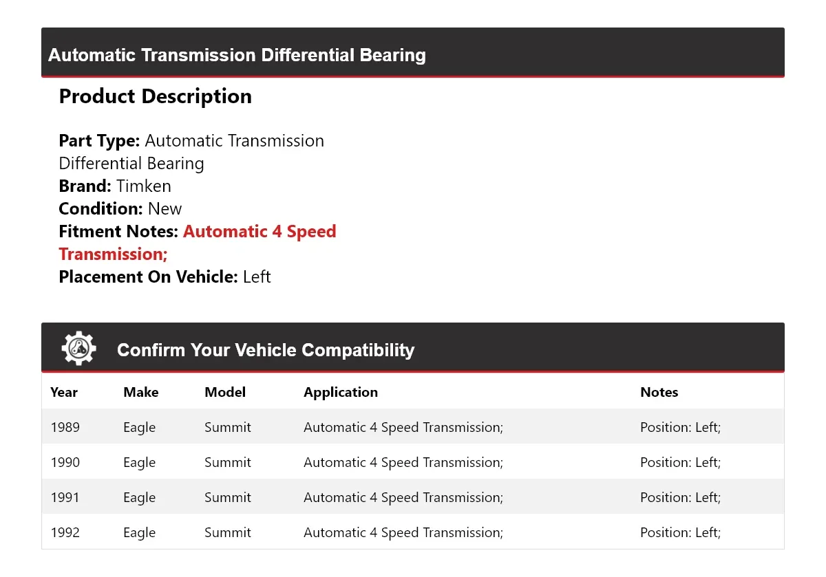 1989-1992 Eagle Summit Automatic Transmission Differential Bearing Left - Timken 565FB62 image 2