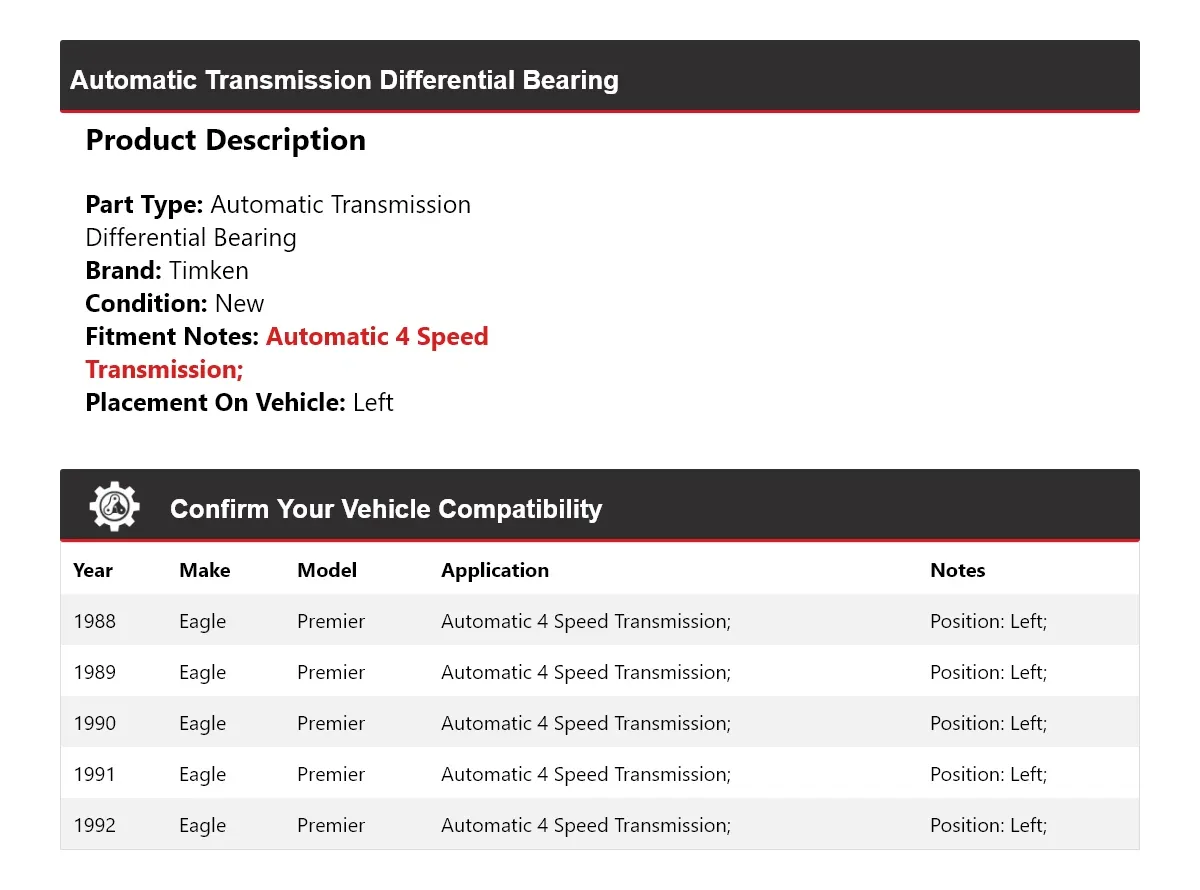 1988-1992 Eagle Premier Automatic Transmission Differential Bearing Left Timken 483IE18 image 2