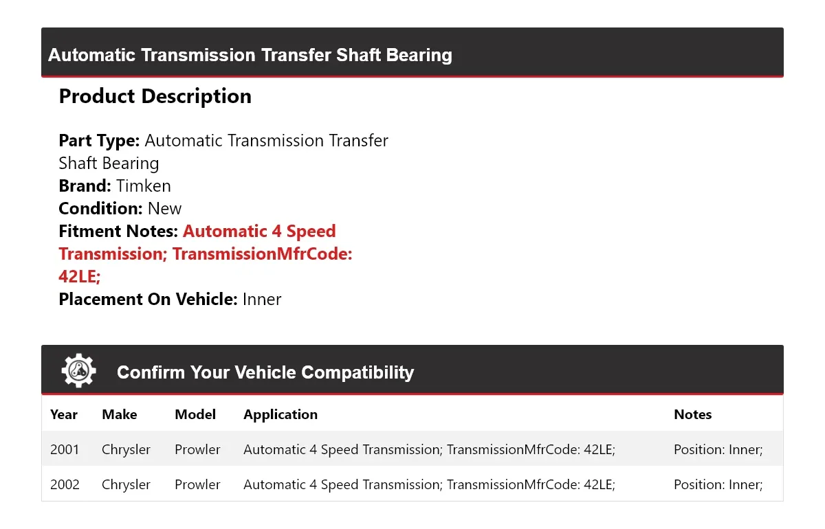 2001-2002 Chrysler Prowler Automatic Transfer Shaft Bearing Inner Timken 342MG69 image 2