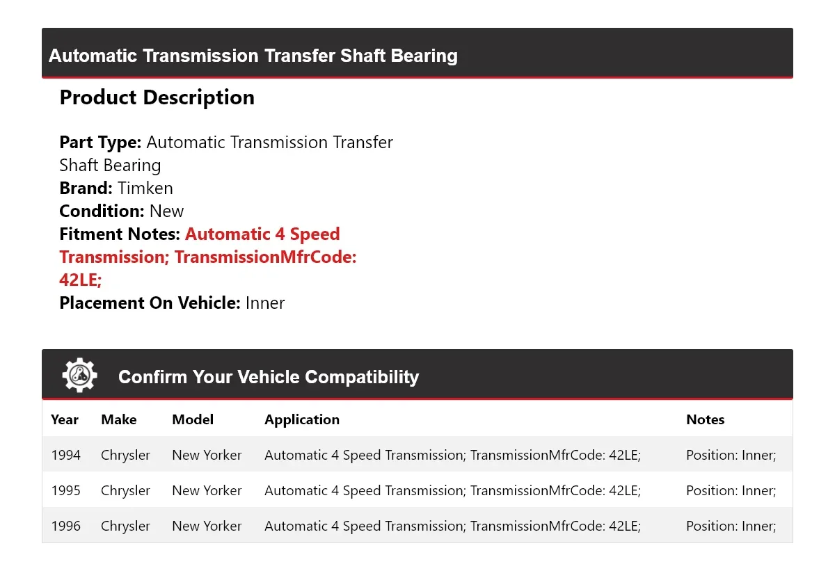 1994-1996 Chrysler New Yorker Automatic Transmission Transfer Shaft Bearing Timken 763UU37 image 2