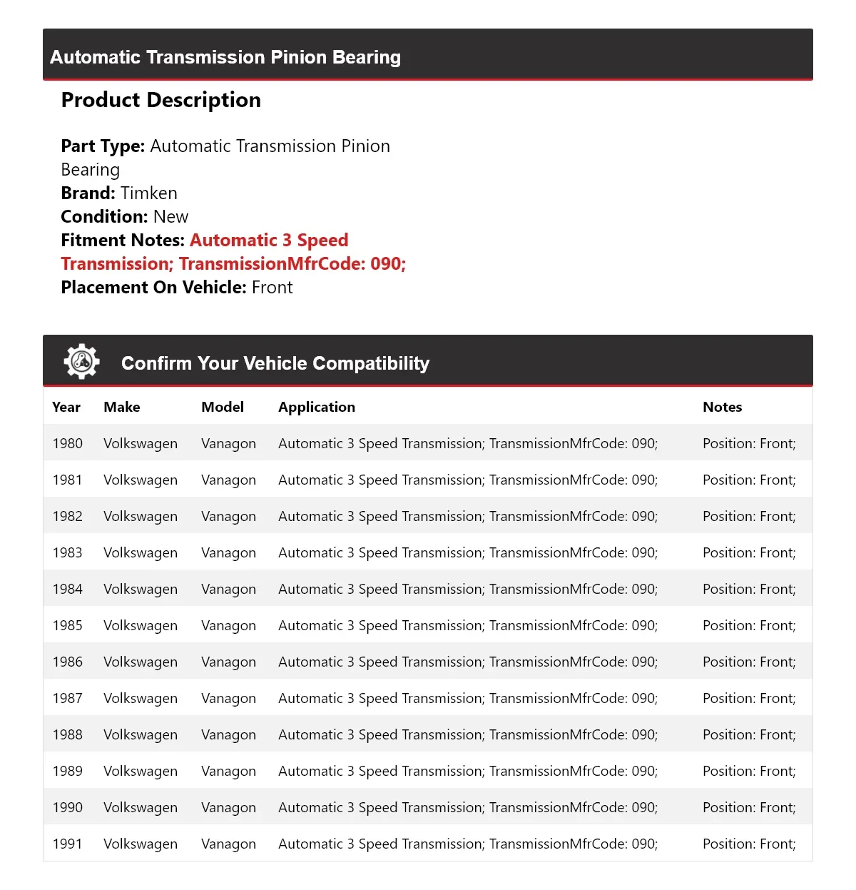 1980-1991 Volkswagen Vanagon Automatic Transmission Pinion Bearing Timken 700EG16 image 2