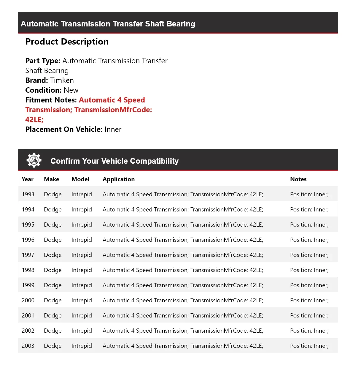 1993-2003 Dodge Intrepid Automatic Transmission Transfer Shaft Bearing Timken 818LM48 image 2