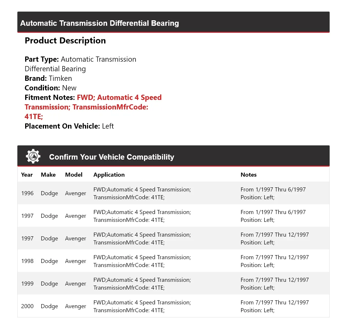 1996-2000 Dodge Avenger Left Automatic Transmission Differential Bearing Timken 753AU95 image 2