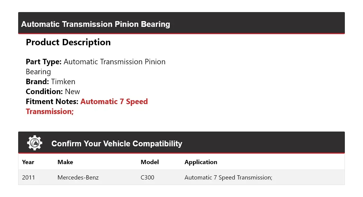 2011 Mercedes-Benz C300 Automatic Transmission Pinion Bearing Timken 421LH43 image 2