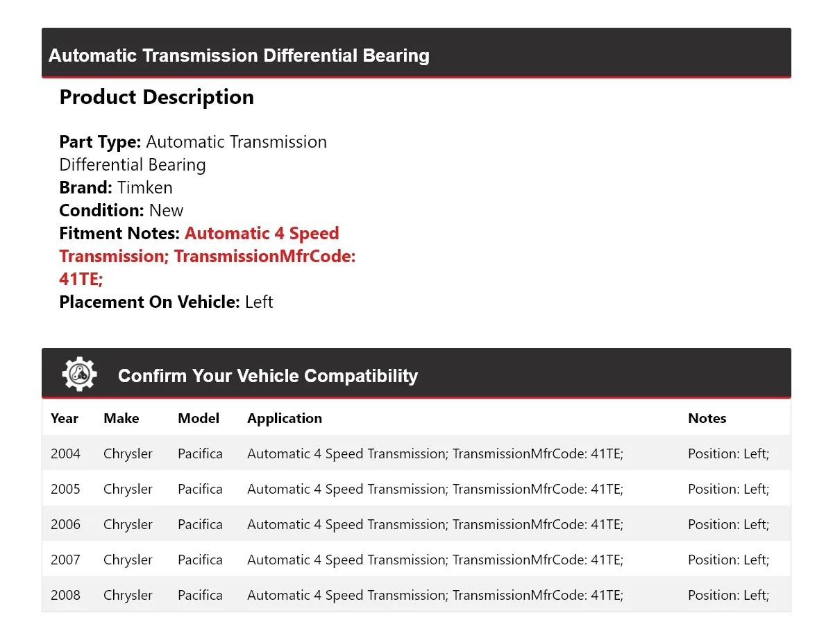 2004-2008 Chrysler Pacifica Automatic Transmission Differential Bearing Left Timken 362MW39 image 2