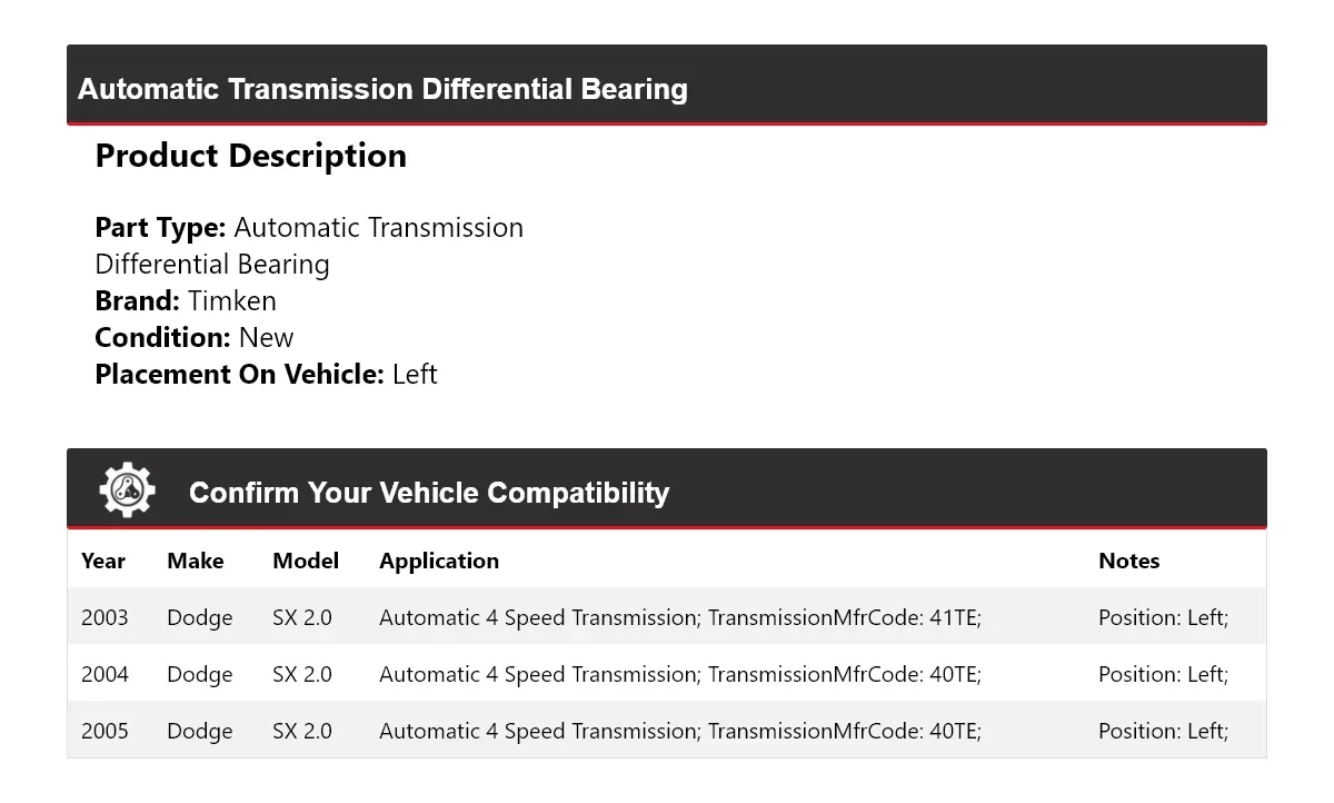 2003-2005 Dodge SX 2.0 Automatic Transmission Differential Bearing Timken 769VE14 image 2