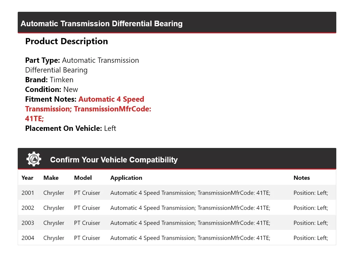 For 2001-2004 Chrysler PT Cruiser Auto Trans Differential Bearing Left Timken image 2