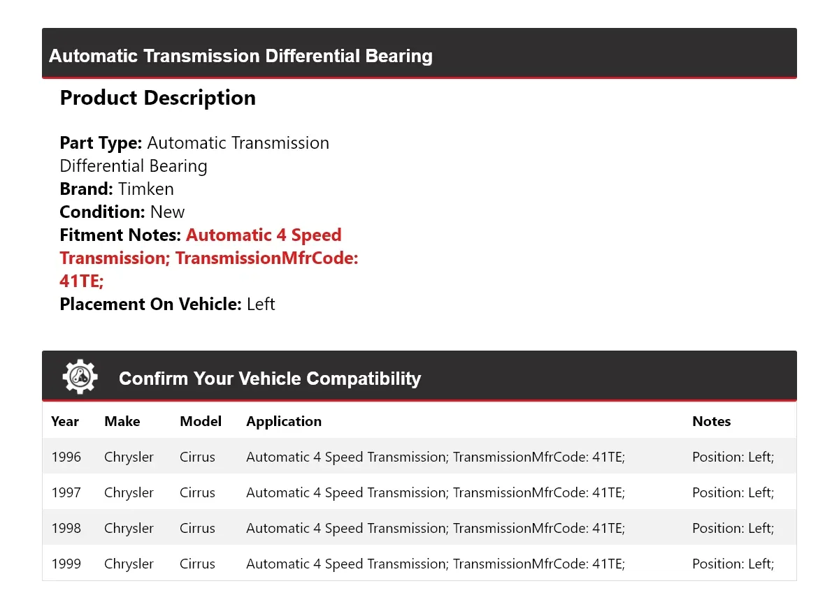 1996-1999 Chrysler Cirrus Automatic Transmission Differential Bearing Timken 453IL28 image 2