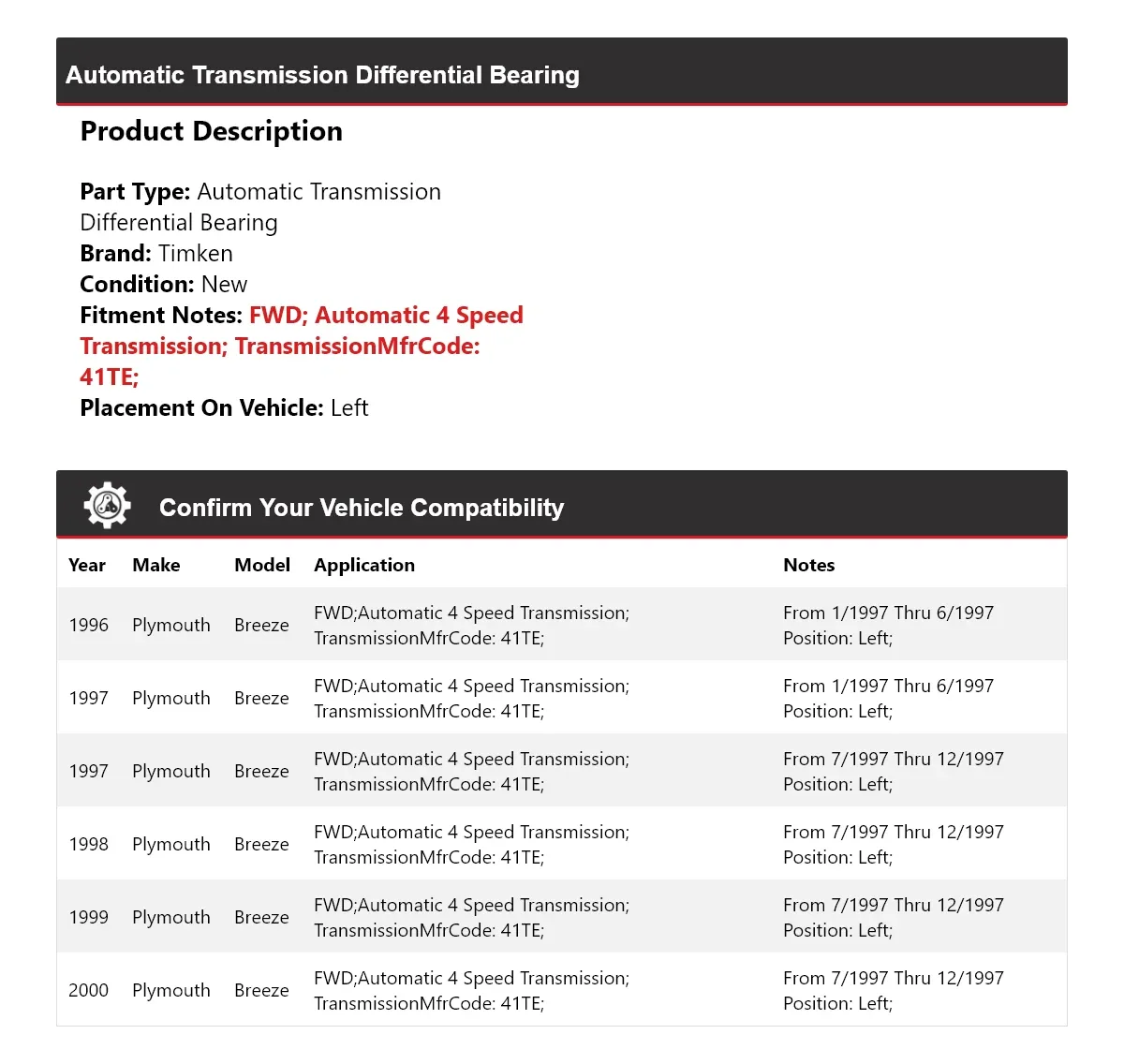 1996-2000 Plymouth Breeze Left Automatic Transmission Differential Bearing Timken 358KH22 image 2