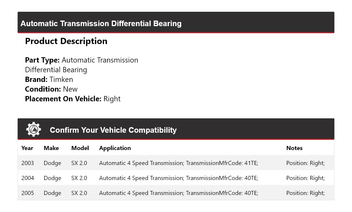 2003-2005 Dodge SX 2.0 Automatic Transmission Differential Bearing Timken 515JN57 image 2