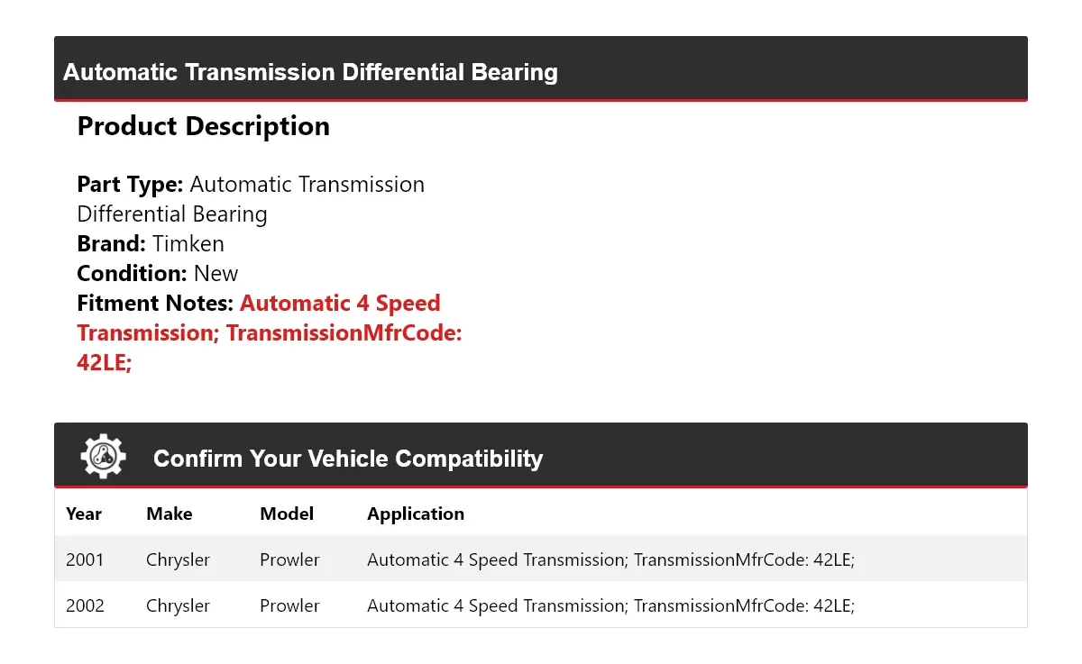 2001-2002 Chrysler Prowler Automatic Transmission Differential Bearing Timken 624HC67 image 2