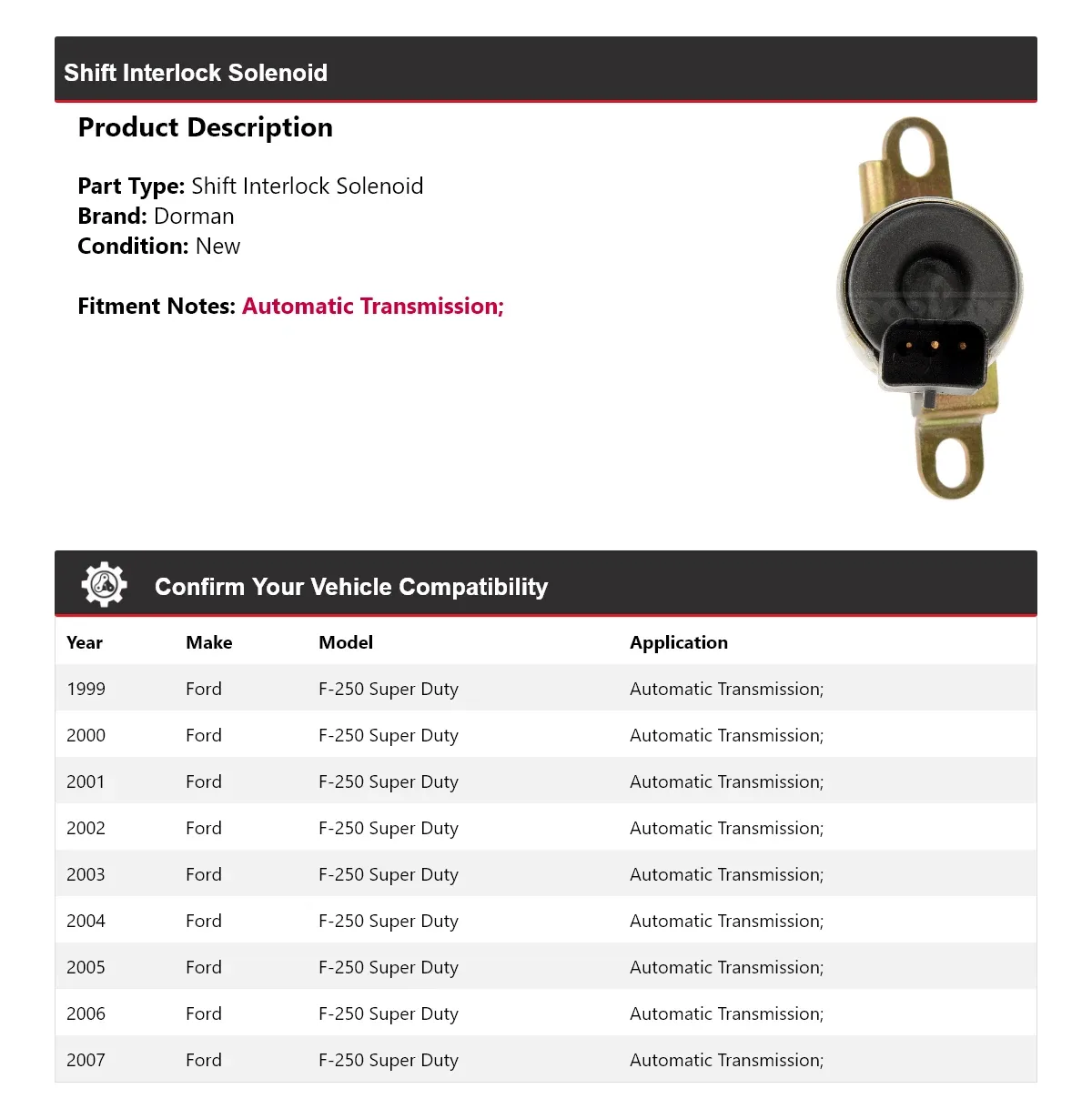 1999-2007 Ford F-250 Super Duty Shift Interlock Solenoid Dorman 510XL84 image 2