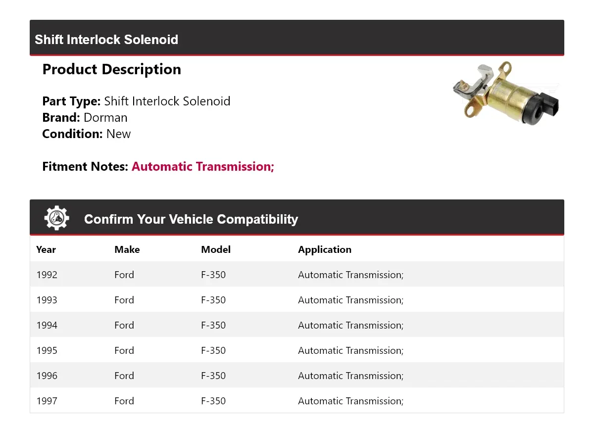 1992-1997 Ford F-350 Shift Interlock Solenoid Dorman 678ZC07 image 2