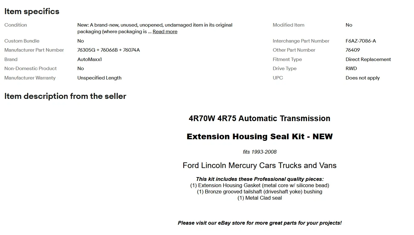 1993-2008 4R70W / 4R75 Transmission Rear Housing Gasket Bushing & Seal Kit - AutoMaxx1 76305G+76066B+76074A image 3
