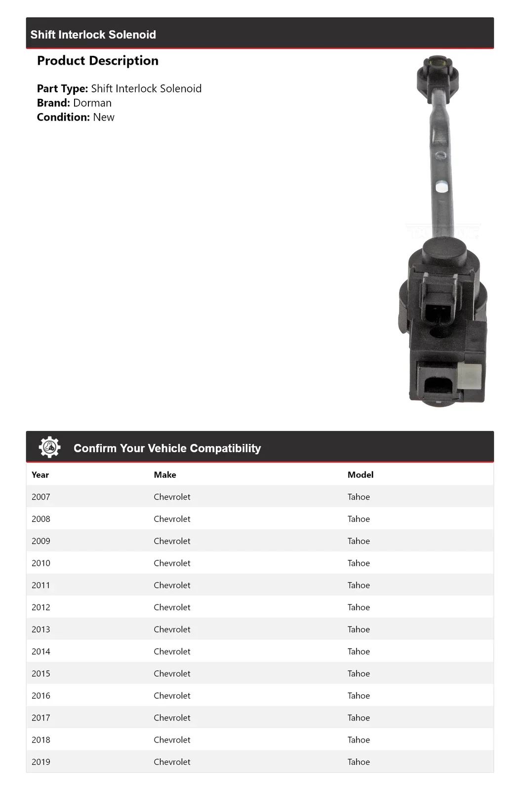 2007-2019 Chevrolet Tahoe Shift Interlock Solenoid - Dorman 483KY18 image 2