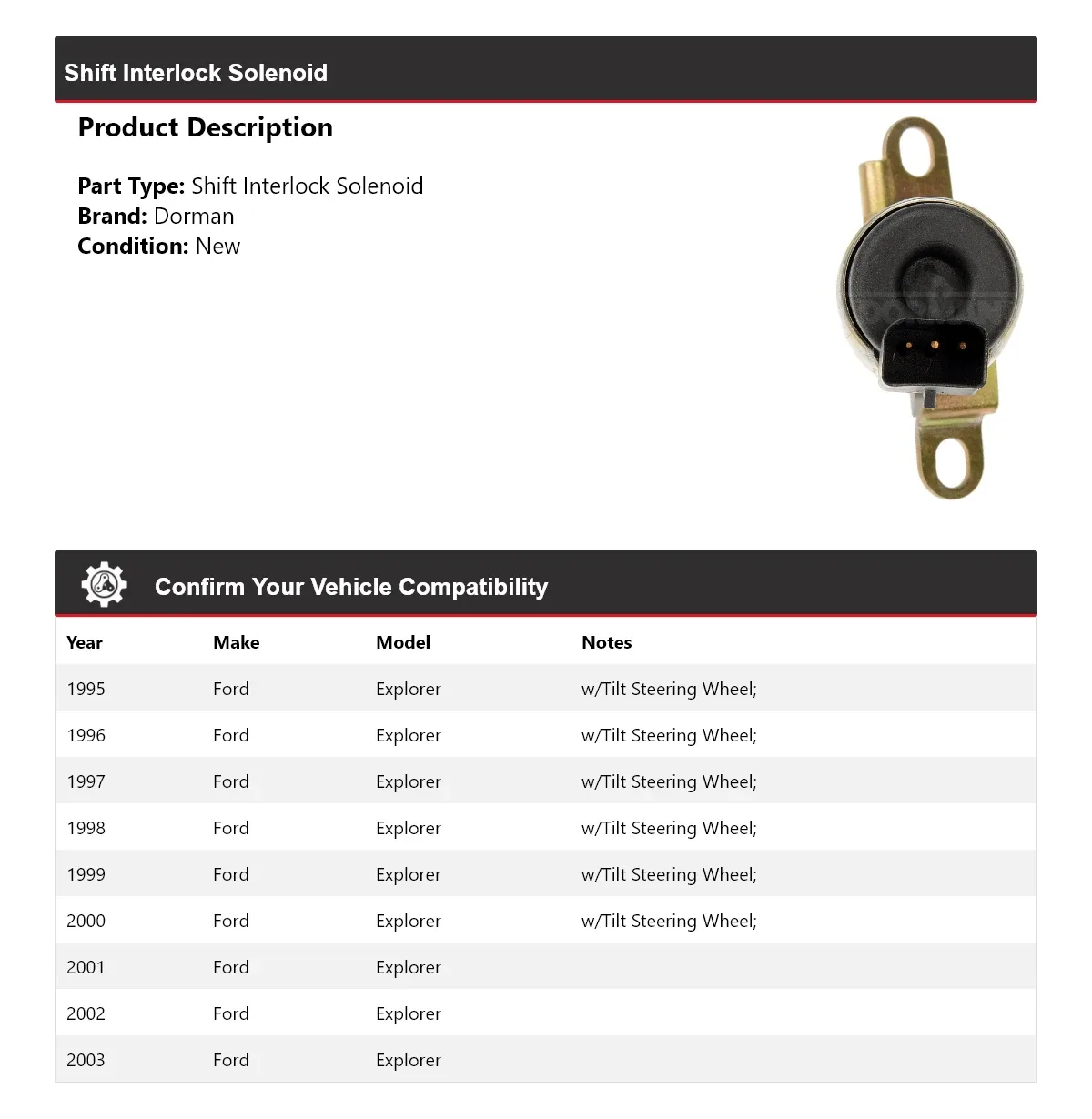 1995-2003 Ford Explorer Shift Interlock Solenoid Dorman 624KG75 image 2