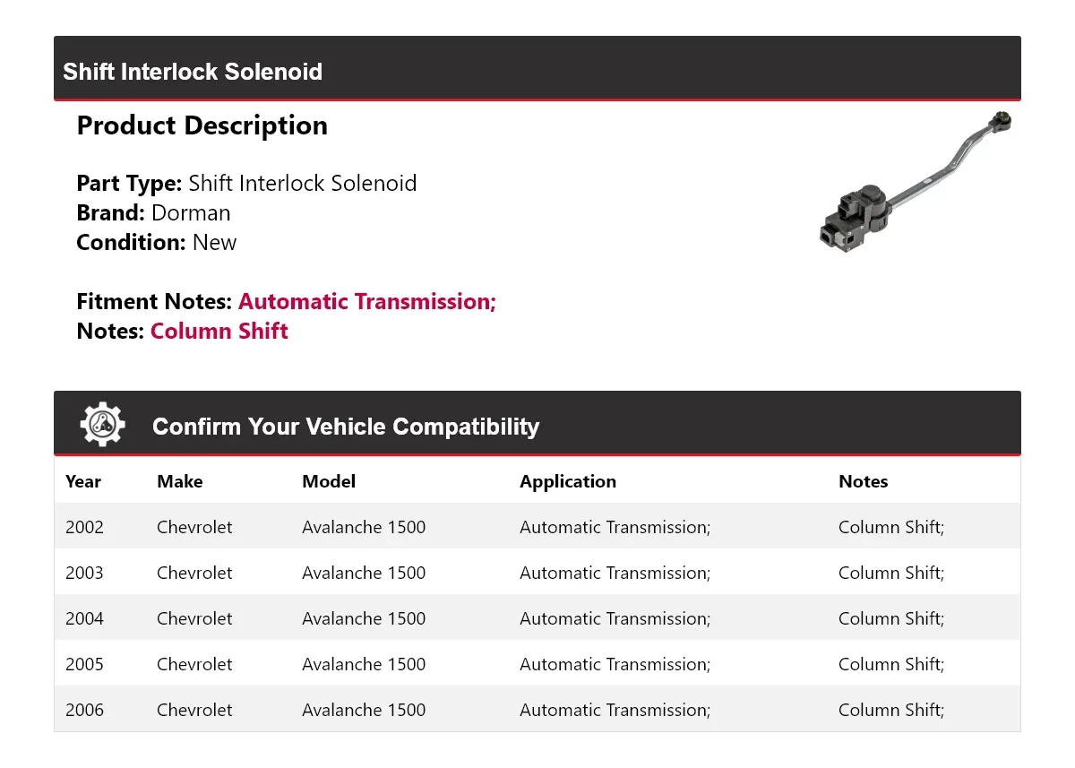 2002-2006 Chevrolet Avalanche 1500 Shift Interlock Solenoid Dorman 679JH03 image 2