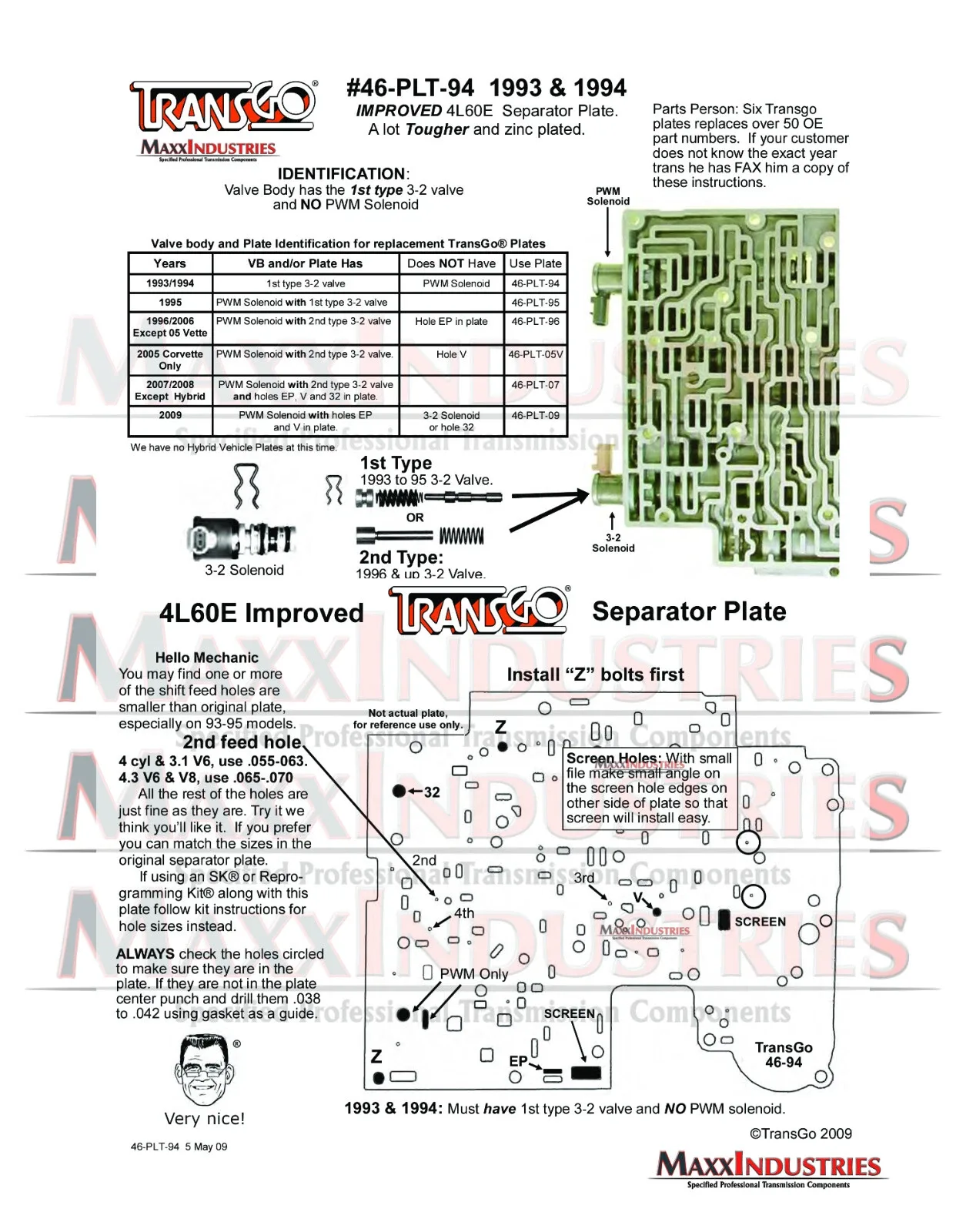 4L60E Trans Valve Body Separator Plate Tempered Steel TransGo 46-PLT-94 image 2