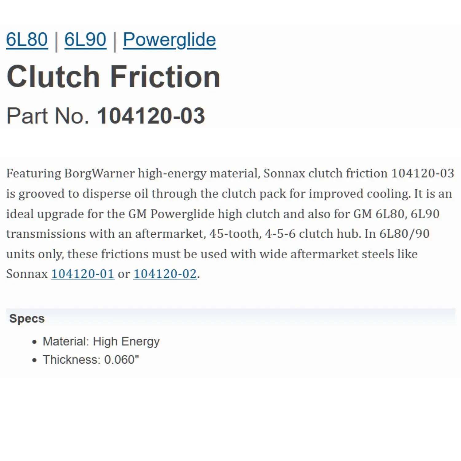Sonnax 104120-03 6L80/6L90 4-5-6 Clutch Friction 0.060" image 2