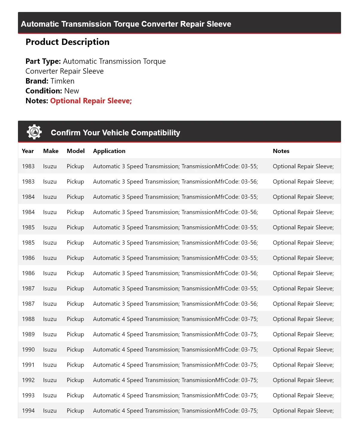 1983-1994 Isuzu Pickup Automatic Torque Converter Repair Sleeve Timken 892EZ04 image 2