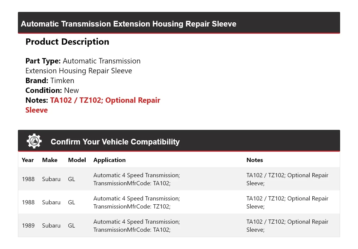 1988-1989 Subaru GL Automatic Transmission Extension Housing Repair Sleeve - Timken 759XY14 image 2