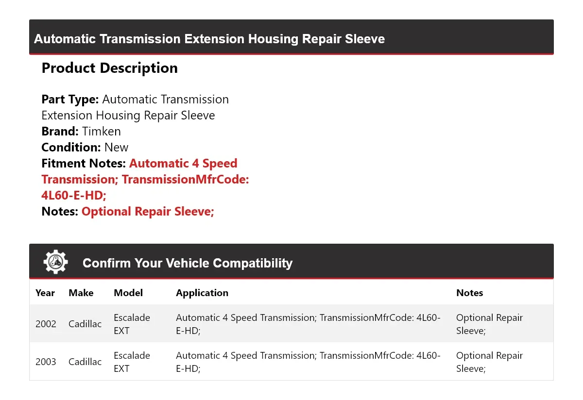 2002-2003 Cadillac Escalade EXT Automatic Transmission Extension Housing Repair Sleeve Timken 343JE11 image 2