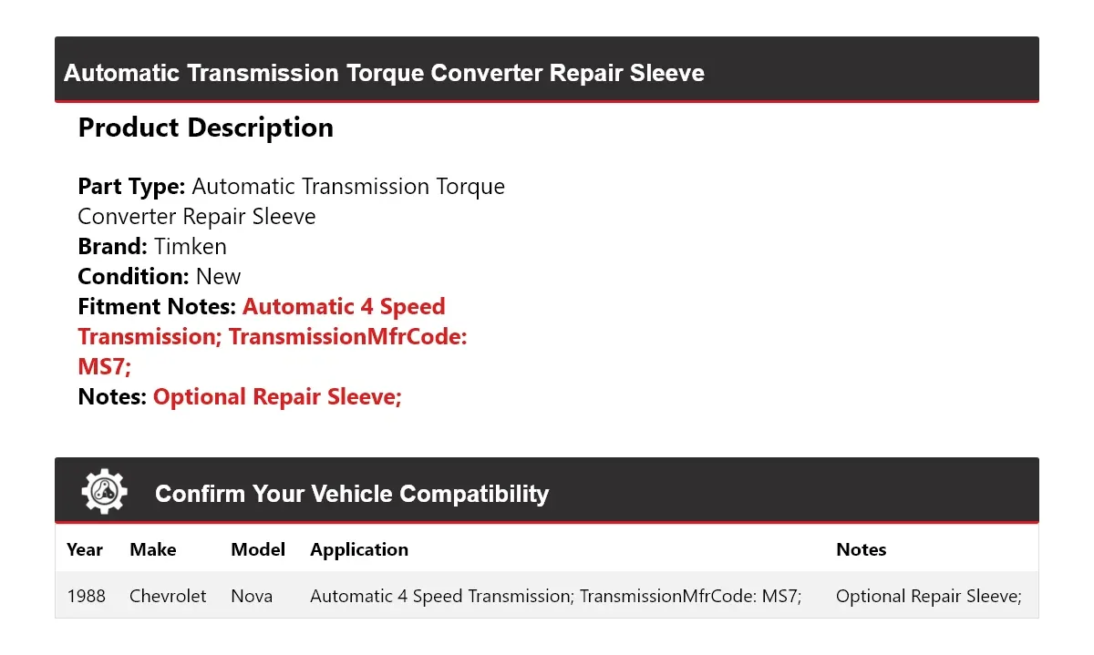 1988 Chevrolet Nova Automatic Transmission Torque Converter Repair Sleeve Timken 542FZ20 image 2