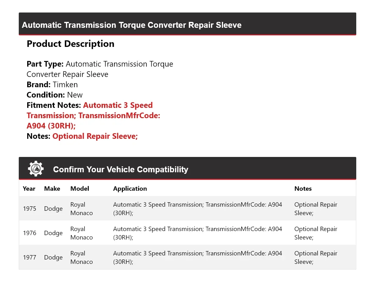 1975-1977 Dodge Royal Monaco Torque Converter Repair Sleeve Timken 407IZ50 image 2