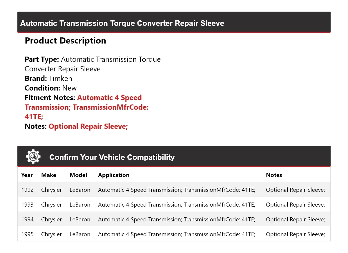 1992-1995 Chrysler LeBaron Automatic Transmission Torque Converter Repair Sleeve Timken 893YM24 image 2