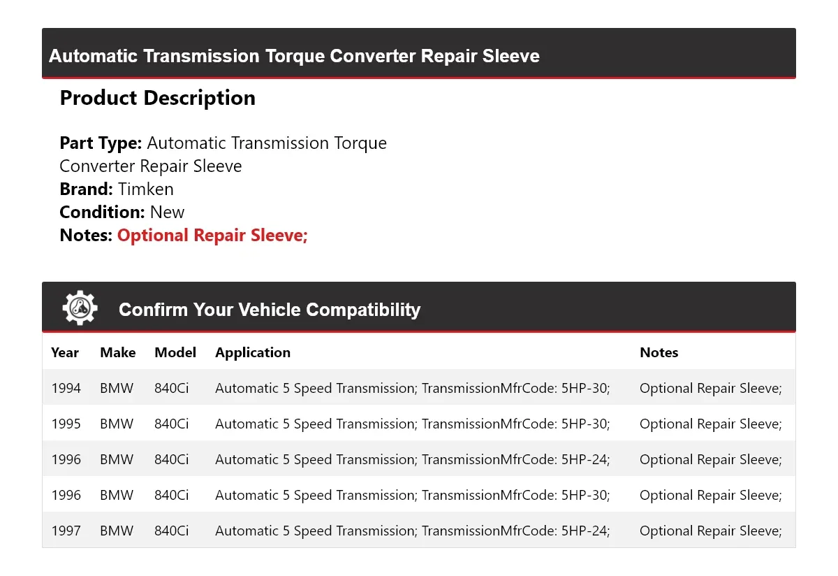 1994-1997 BMW 840Ci Automatic Torque Converter Repair Sleeve Timken 642GC59 image 2