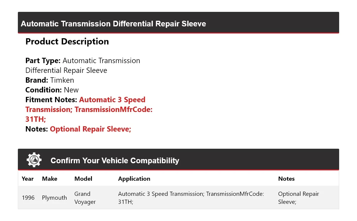 1996 Plymouth Grand Voyager Automatic Transmission Differential Repair Sleeve 582NE10 image 2