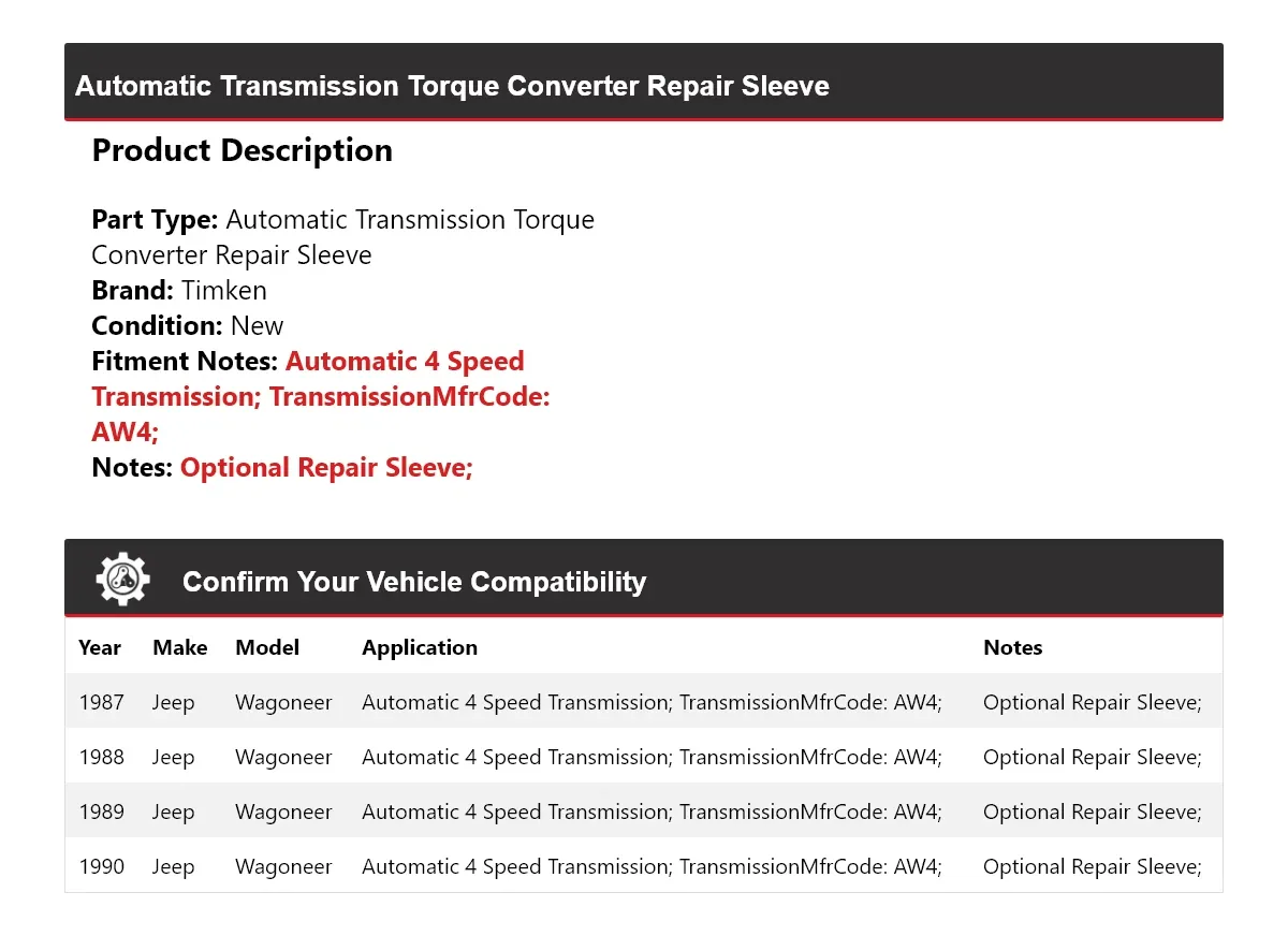 1987-1990 Jeep Wagoneer Automatic Transmission Torque Converter Repair Sleeve Timken 783KJ12 image 2