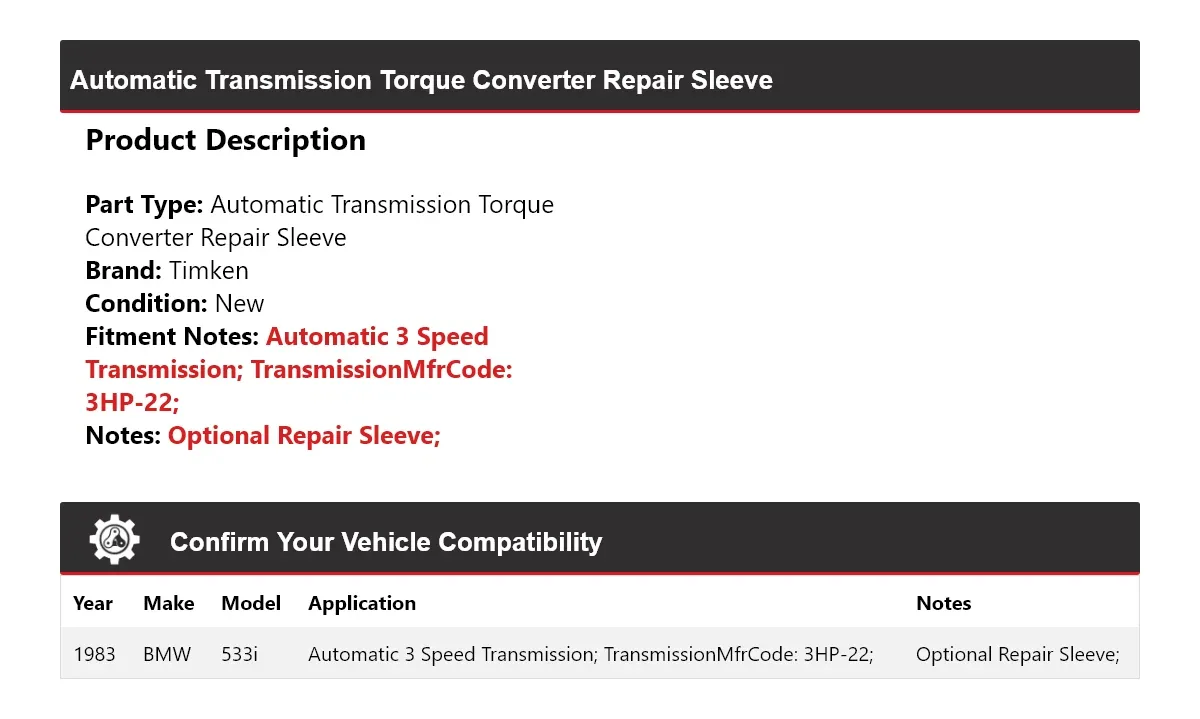 1983 BMW 533i Automatic Torque Converter Repair Sleeve Timken 949XU93 image 2