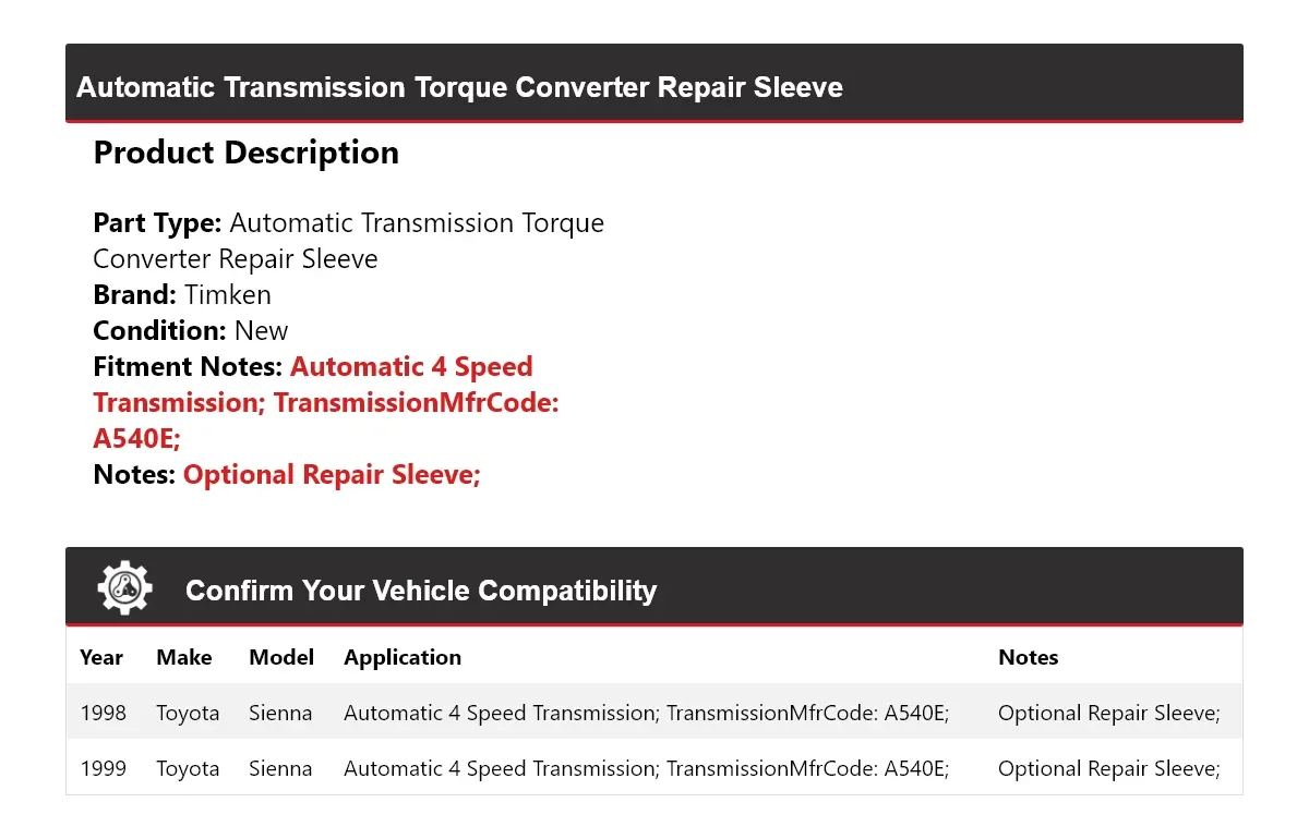 1998-1999 Toyota Sienna Torque Converter Repair Sleeve Timken 728ZE45 image 2