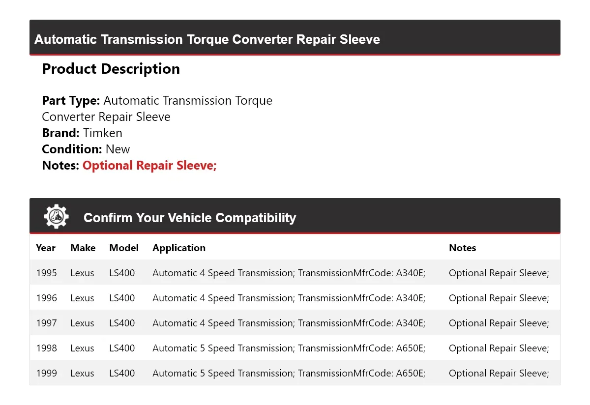 1995-1999 Lexus LS400 Automatic Transmission Torque Converter Repair Sleeve Timken 881BU60 image 2