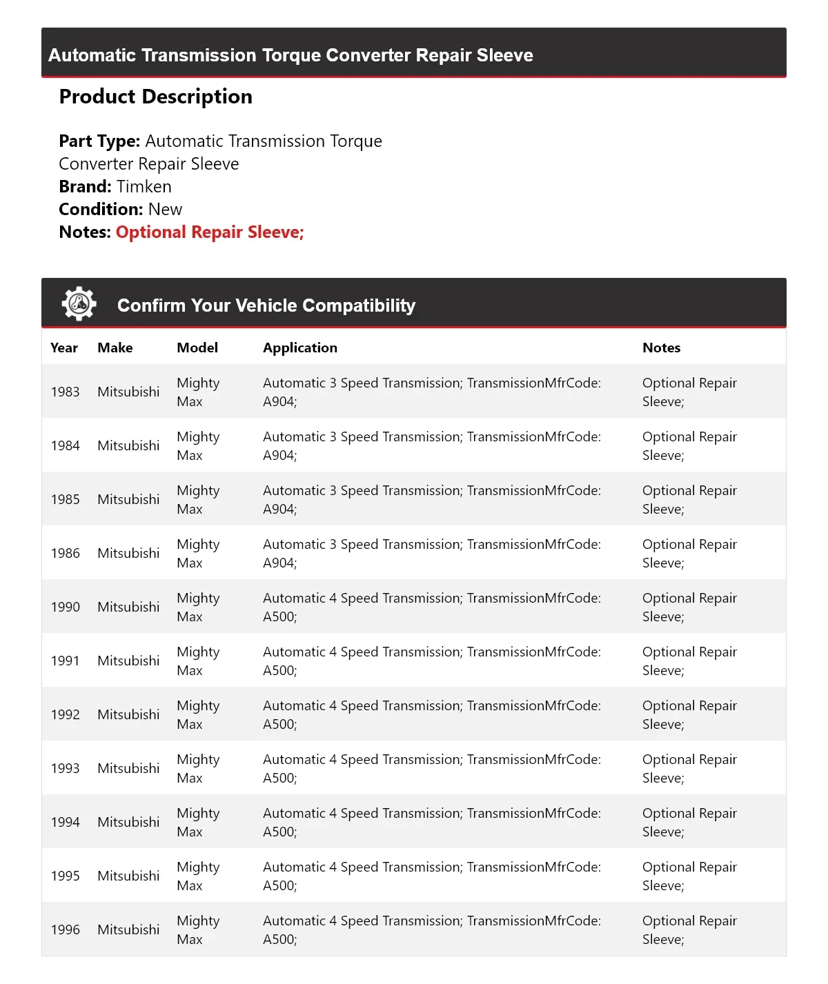 1983-1986, 1990-1996 Mitsubishi Mighty Max Automatic Torque Converter Repair Sleeve — Timken 349BV76 image 2